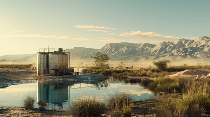An atmospheric water generator in a desert oasis, showcasing the technology's ability to provide water in harsh environments, - obrazy, fototapety, plakaty