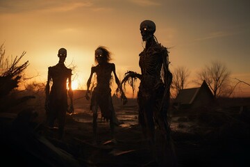 AI-generated illustration of silhouetted zombies strolling in a desolate landscape at sunset