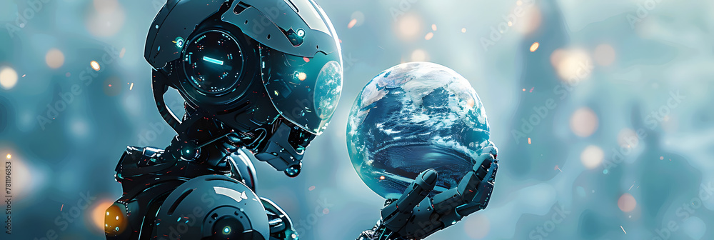 Poster a futuristic ai robot holding a frosty earth symbolizes reflection on environmental impacts in a mod
