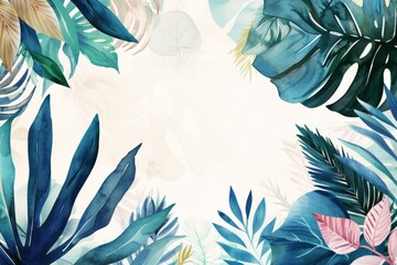 Watercolor illustration of a frame from tropical leaves with a white copy space on a center. AI generated