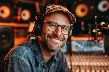 Smiling male podcaster in studio with professional equipment. Generative AI image
