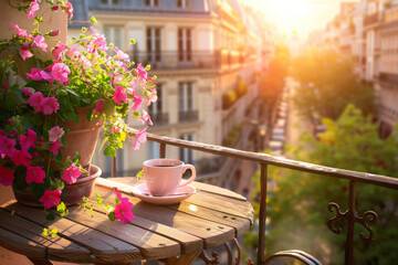 A balcony from a building in a Paris street, with a coffee mug on a table and pink flowers - obrazy, fototapety, plakaty