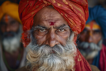 Intense gaze of a man with traditional headwear. Generative AI image