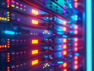 3D render of close-up server rack with colorful lights in a data center