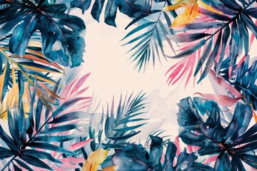 Watercolor illustration of a frame from tropical leaves with a white copy space on a center. AI generated - 781197275