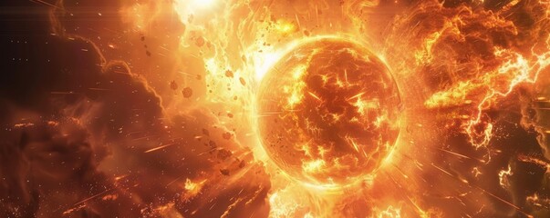 Fototapeta premium A cinematic still of the sun exploding, with orange and yellow flames surrounding it