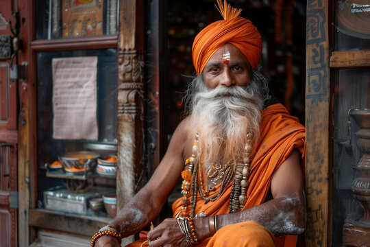 Portrait of a Sadhu in Traditional Orange Attire. Generative AI image