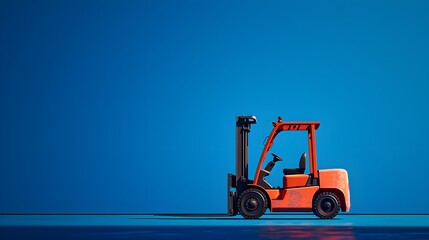 a red fork lift truck sitting in the middle of a blue floor - obrazy, fototapety, plakaty