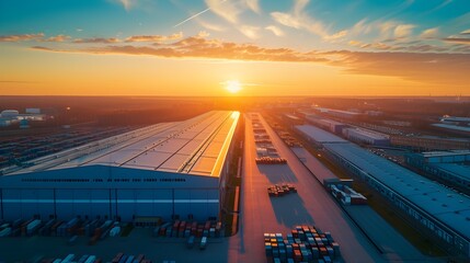 an aerial shot of a train station with the sun in the distance - obrazy, fototapety, plakaty