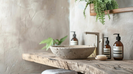 Zen-Inspired Bathroom with Natural Stone Basin and Organic Skincare Products