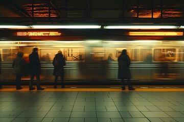 a blurry photo of people waiting on the train platform - obrazy, fototapety, plakaty