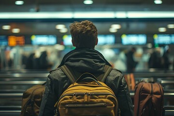 a person sitting in the middle of an airport with a bag on the other side - obrazy, fototapety, plakaty
