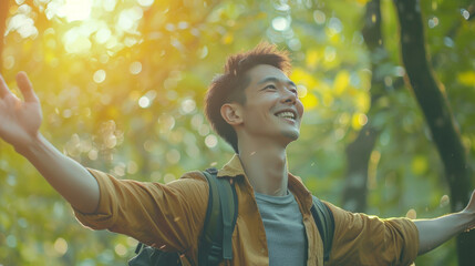 Portrait of a free happy Asian man with open arms enjoying life in meadows and nature background , young joyful chinese male with good mental health