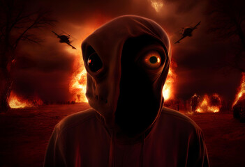 Fototapeta na wymiar an alien in a hoodie stands amidst a sea of blazing flames