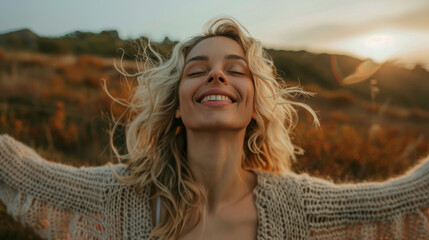 Portrait of a free happy blond hair caucasian woman with open arms enjoying life in meadows and nature background , young joyful female with good mental health - Powered by Adobe