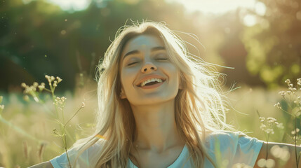 Portrait of a free happy blond hair caucasian woman with open arms enjoying life in meadows and nature background , young joyful female with good mental health