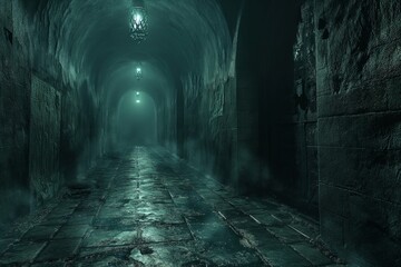 Smoke envelops a dimly lit stone alleyway in an ancient structure, AI-generated.