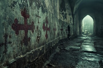 Spooky alley adorned with red cross paintings, AI-generated.