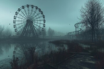 Spooky amusement park with a haunted Ferris wheel and eerie attractions, AI-generated.