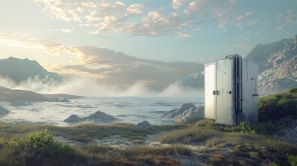 An atmospheric water generator in a coastal area, demonstrating the potential for water collection in humid environments, - obrazy, fototapety, plakaty