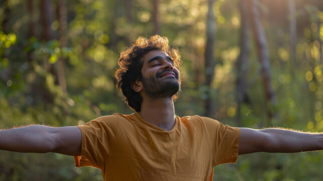 Portrait of a free happy Indian man with open arms enjoying life in meadows and nature background , young joyful asian male with good mental health