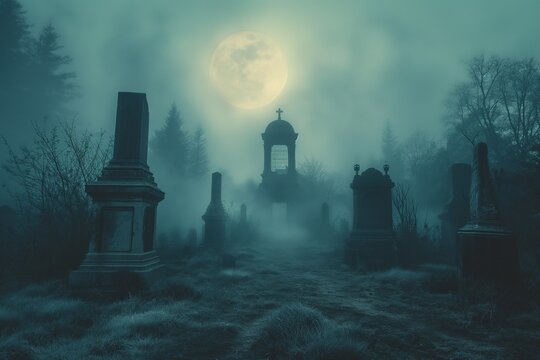 Eerie winter fog blankets hillside graveyards, AI-generated.