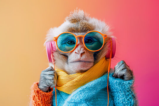 Stylish monkey with sunglasses and headphones on colorful background. Generative AI image