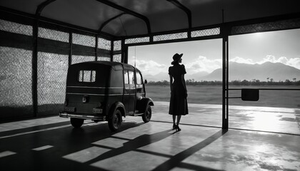 black and white photo of a woman standing in front of a bus