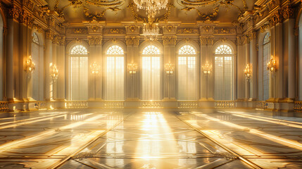 Grandiose Palace Room with Artistic Gold Accents, Classic Chandeliers, and Baroque Aesthetics, Symbolizing Royal Luxury