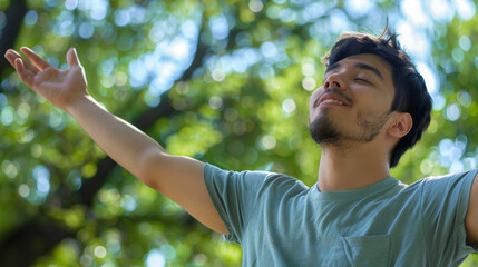 Portrait of a free happy latin american man with open arms enjoying life in meadows and nature background , young joyful latino male with good mental health