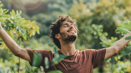 Portrait of a free happy latin american man with open arms enjoying life in meadows and nature background , young joyful latino male with good mental health