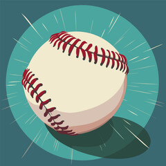 A baseball is shown in a blue background with a red and white stitching. The ball is the main focus of the image and it is in motion. Scene is energetic and dynamic