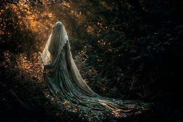 Woman wearing a flowing cloak gazes contemplatively into a mystical forest, AI-generated. - obrazy, fototapety, plakaty