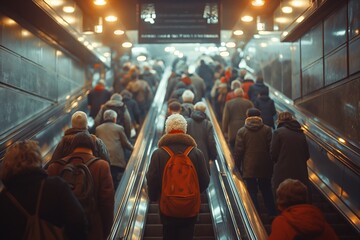 Group of people riding an escalator in a bustling subway station, AI-generated. - obrazy, fototapety, plakaty