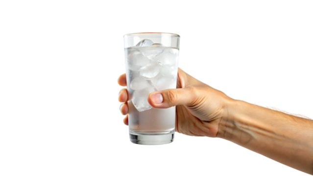 Hand holding glass of iced water