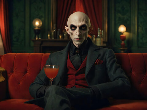 an image of dracula sitting on a couch with a drink