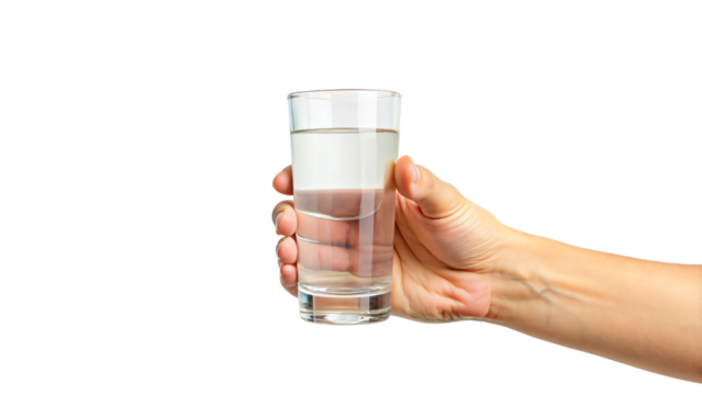 Hand holding glass of clear water