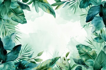 Watercolor illustration of a frame from tropical leaves with a white copy space on a center. AI generated - 781199006