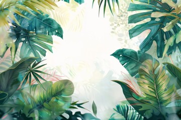 Watercolor illustration of a frame from tropical leaves with a white copy space on a center. AI generated - 781199071