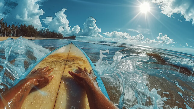 Paddling into the Sunset: Surfing Adventure with Golden Sunlight Reflections, AI-Generated - Powered by Adobe