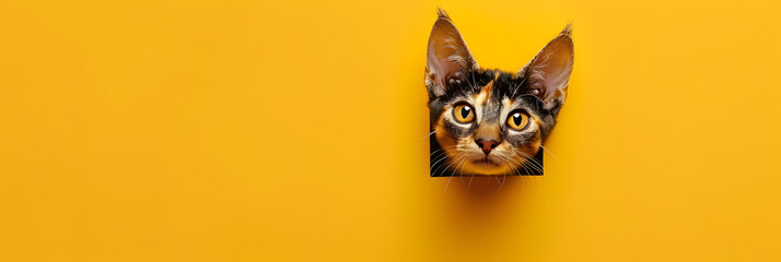 Only a cat's ears are visible, giving a mysterious and humorous vibe against a yellow backdrop - obrazy, fototapety, plakaty