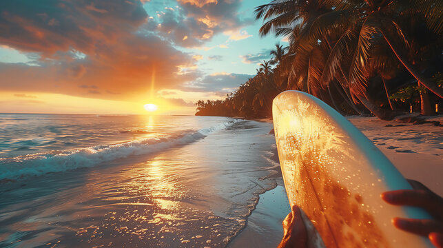 Tropical Dawn Surfing: Hand Holding Surfboard with Sunlight Sparkling on the Sea, AI-Generated