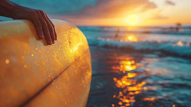 Holding the Surfing Spirit: Hand on Surfboard with Sunlit Ocean at Sunset, AI-Generated