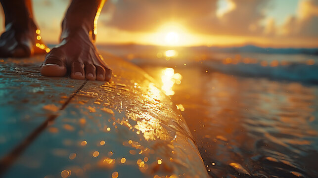 Surfing at Sunset: Bare Feet on Surfboard with Sunlight Dancing on the Waves, AI-Generated