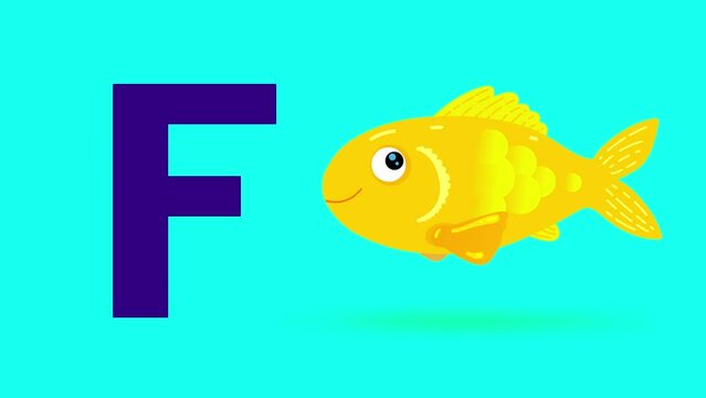 F letter big color like fish cartoon animation. Animal loop. Educational serie with bold style character for children. Good for education movies, presentation, learning alphabet, etc...
