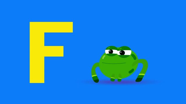 F letter big color like frog cartoon animation. Animal jump loop. Educational serie with bold style character for children. Good for education movies, presentation, learning alphabet, etc...