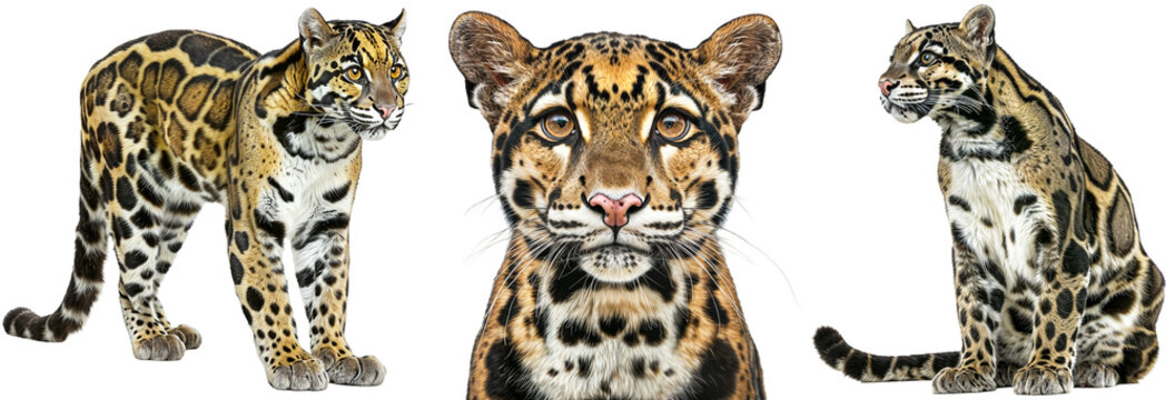 Clouded leopard collection, standing, portrait and sitting, isolated on a white background