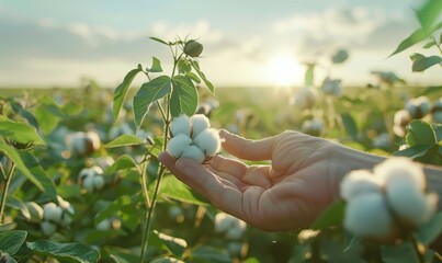 Farmer hand picking white boll of cotton. Cotton farm. Field of cotton plants.	
