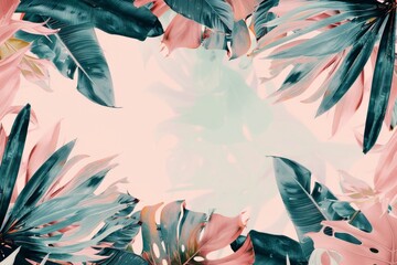 Watercolor illustration of a frame from tropical leaves with a white copy space on a center. AI generated - 781200419