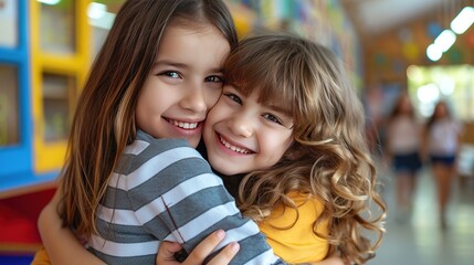 two kids friends girls or sisters smiling hugging looking at camera in classroom in school . child relationship